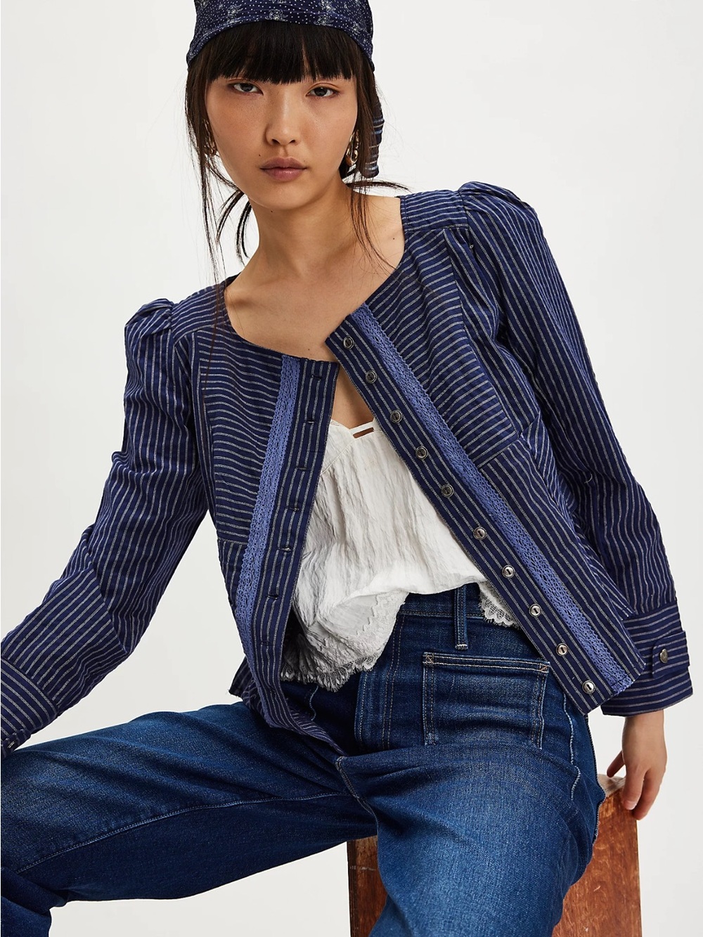 NWT Free People Darcy Jacket Navy Striped Square Neck